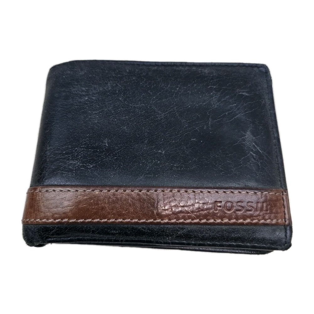Fossil Mens Leather Trifold‎ Wallet Black Brown Stripe ID Window